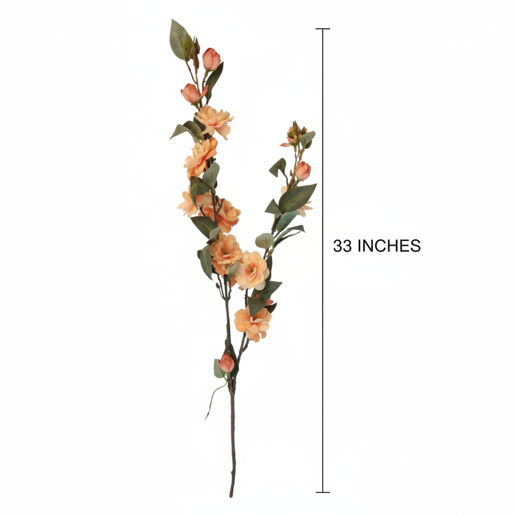 Artificial peach blossom stem measurement diagram showing full 33 inch height on white background