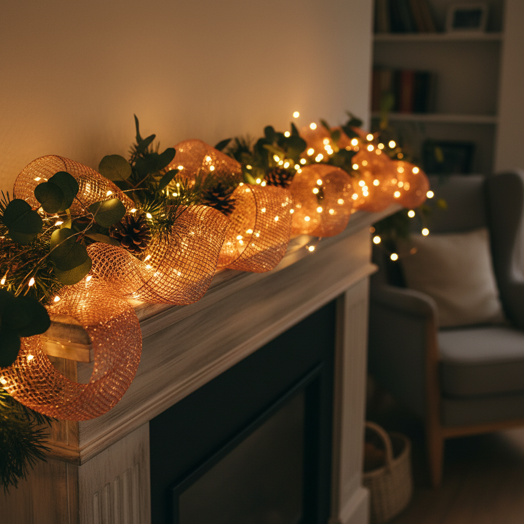 Copper mesh wrapped around fairy lights creating warm glowing home decoration