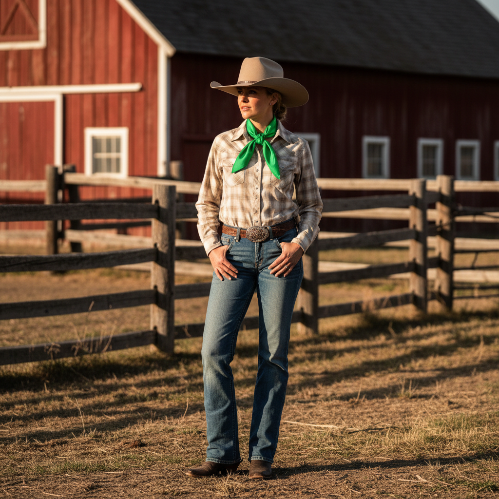 Woman wearing Kelly green wild rag scarf in traditional cowboy style at ranch with western wear and boots