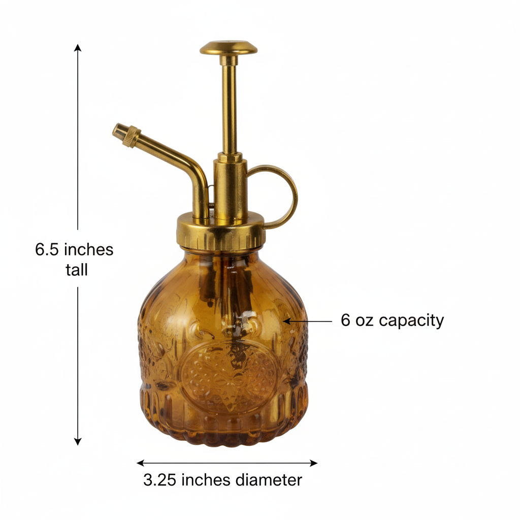 Amber glass plant mister measurement diagram: 6.5 inches tall, 3.25 inches diameter, 6 oz capacity