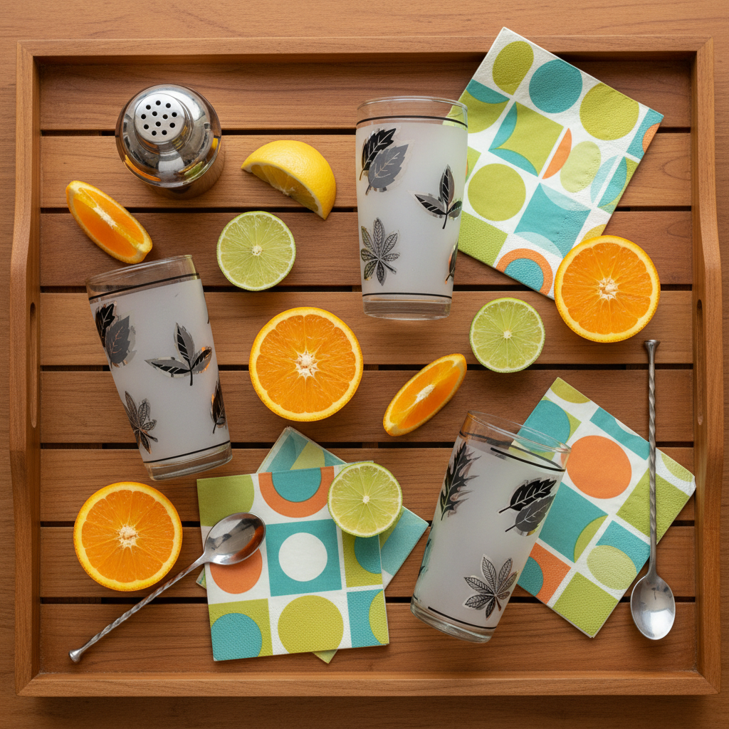 Flat lay of vintage Libbey Silver Foliage glasses on teak tray with fresh citrus, geometric napkins, and chrome barware accessories