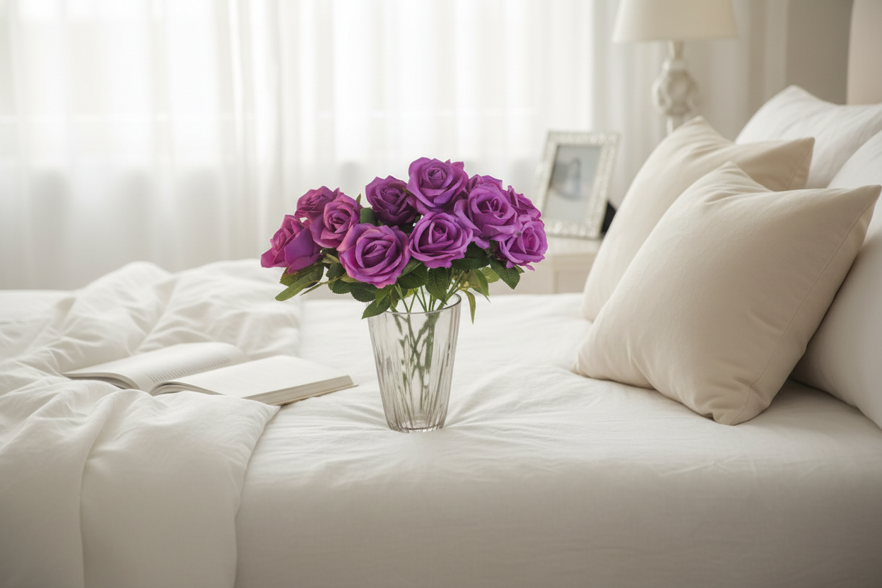Purple rose bouquet in elegant vase on bedside table with soft linens, romantic bedroom decor