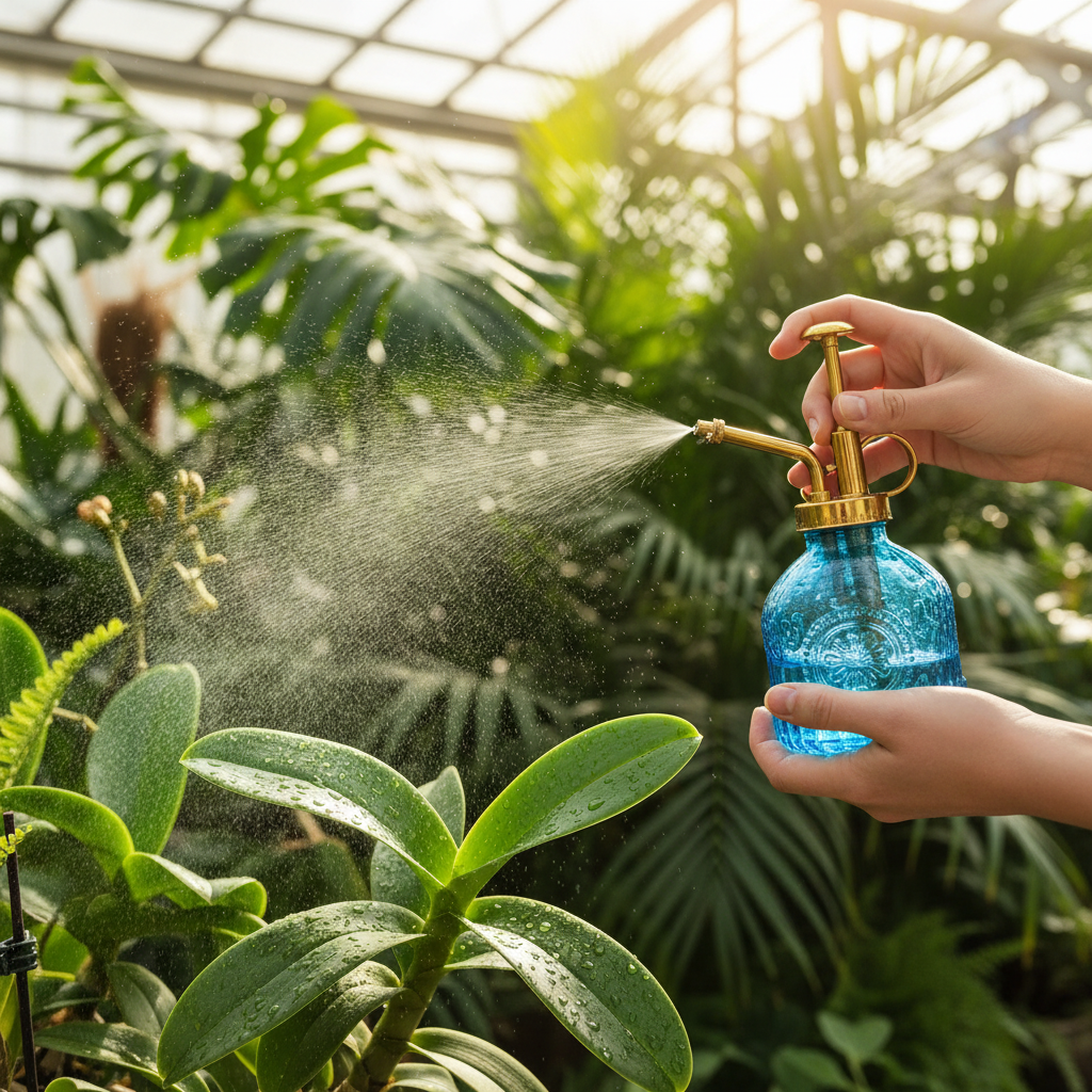 Hands using blue glass mister with gold pump to spray fine mist on orchid leaves in greenhouse