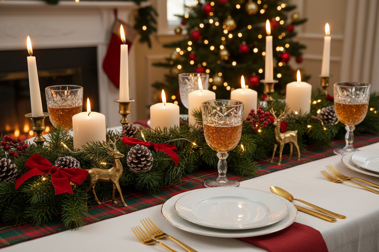 Libbey Hobstar pressed glass goblets on holiday entertaining table with evergreen and candles