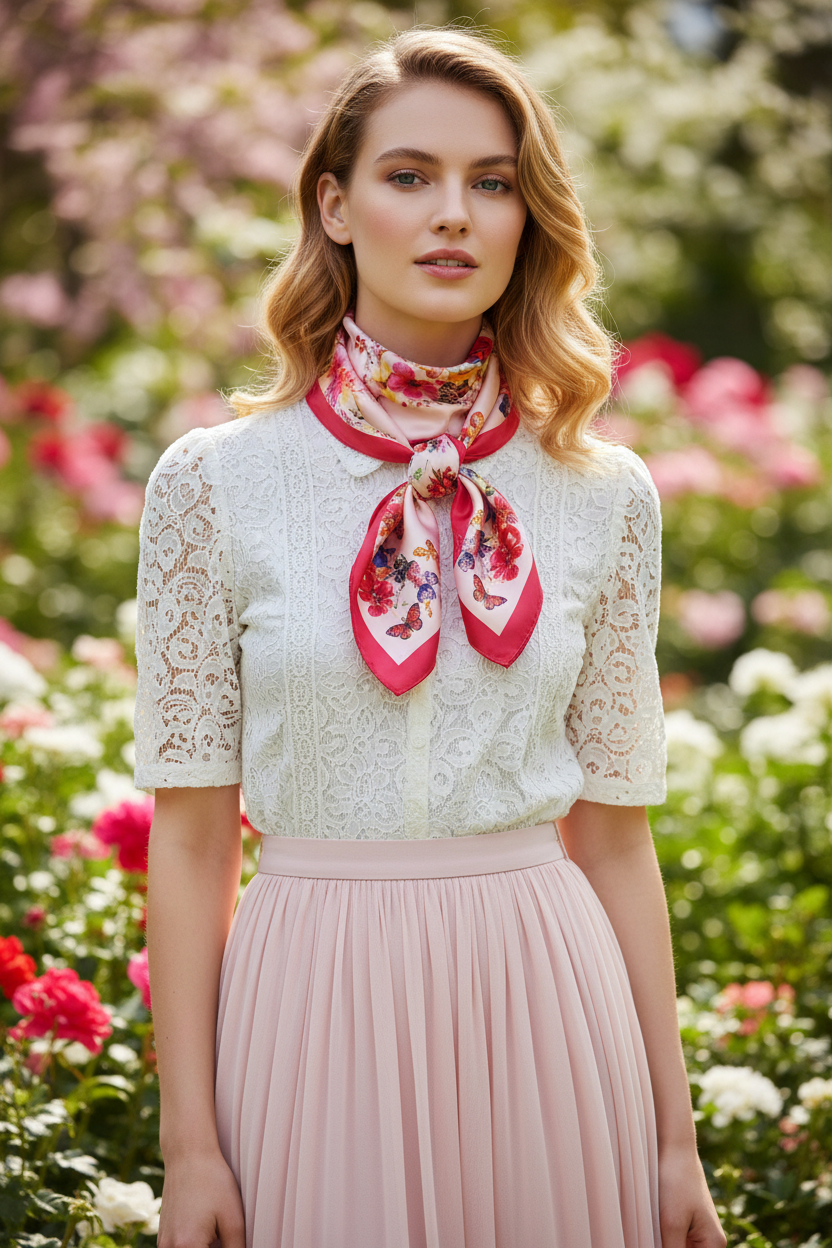Woman with light skin tone and blonde hair wearing a cream red pink floral butterfly satin scarf tied as a classic French knot neck scarf with a feminine white and pink spring outfit in a garden setting