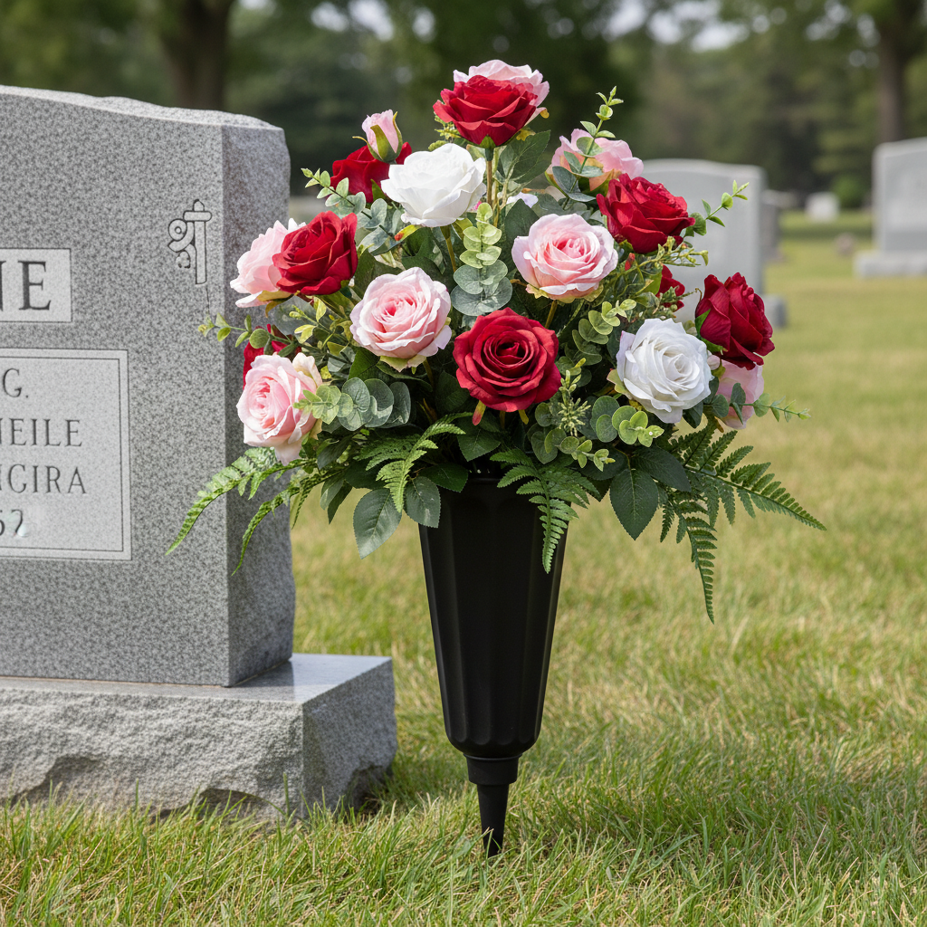 Black memorial vase with elegant silk roses at cemetery