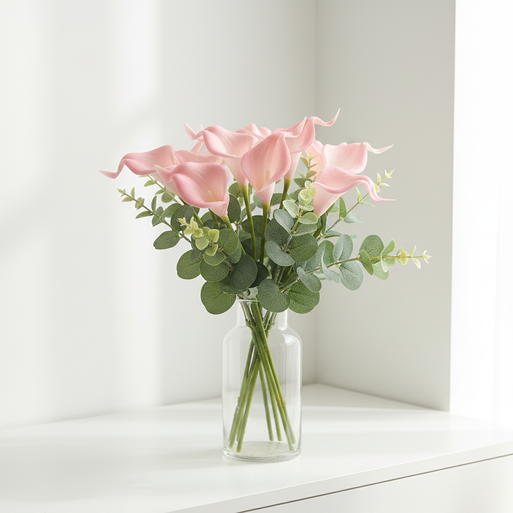 Blush pink artificial calla lily stems arranged with eucalyptus greenery in clear glass cylinder vase, modern romantic styling