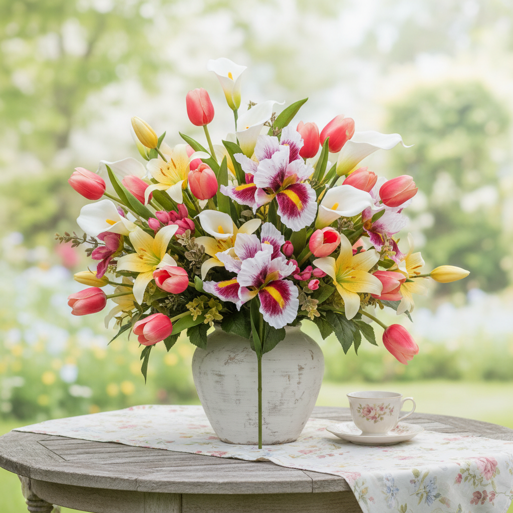 Faux white iris flower stems with pink and yellow accents arranged in a cottagecore mixed bouquet with coral tulips, white calla lilies and yellow lilies in a white distressed ceramic vase