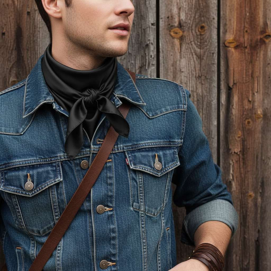 Black silk scarf styled as neckerchief with Western denim jacket and leather accessories