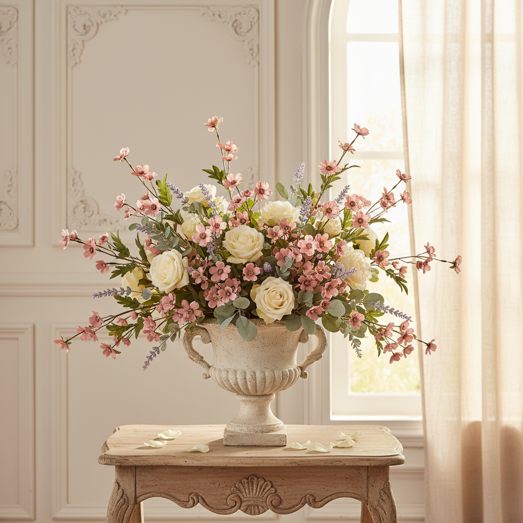 Dusty rose dogwood stems arranged with cream roses, lavender, and eucalyptus in an aged cream stone pottery urn on an antique French country side table with ornate white paneling and sheer linen curtains in background