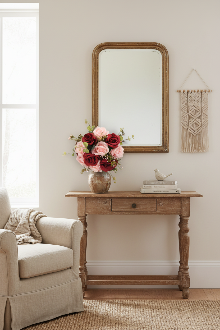 Artificial rose bouquet in rustic vase styled on wooden console table in cozy home interior