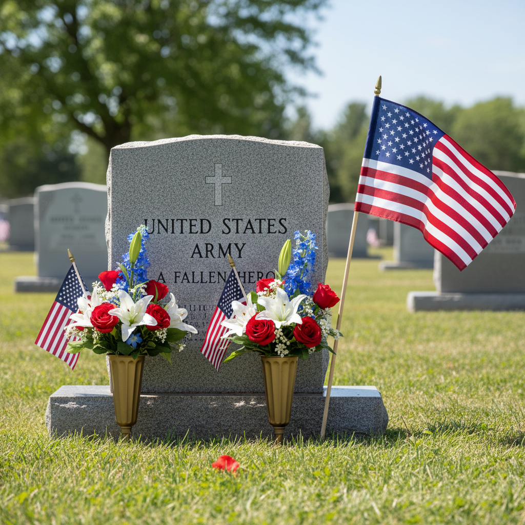 Memorial Day tribute with gold grave vases holding patriotic flowers at veteran memorial