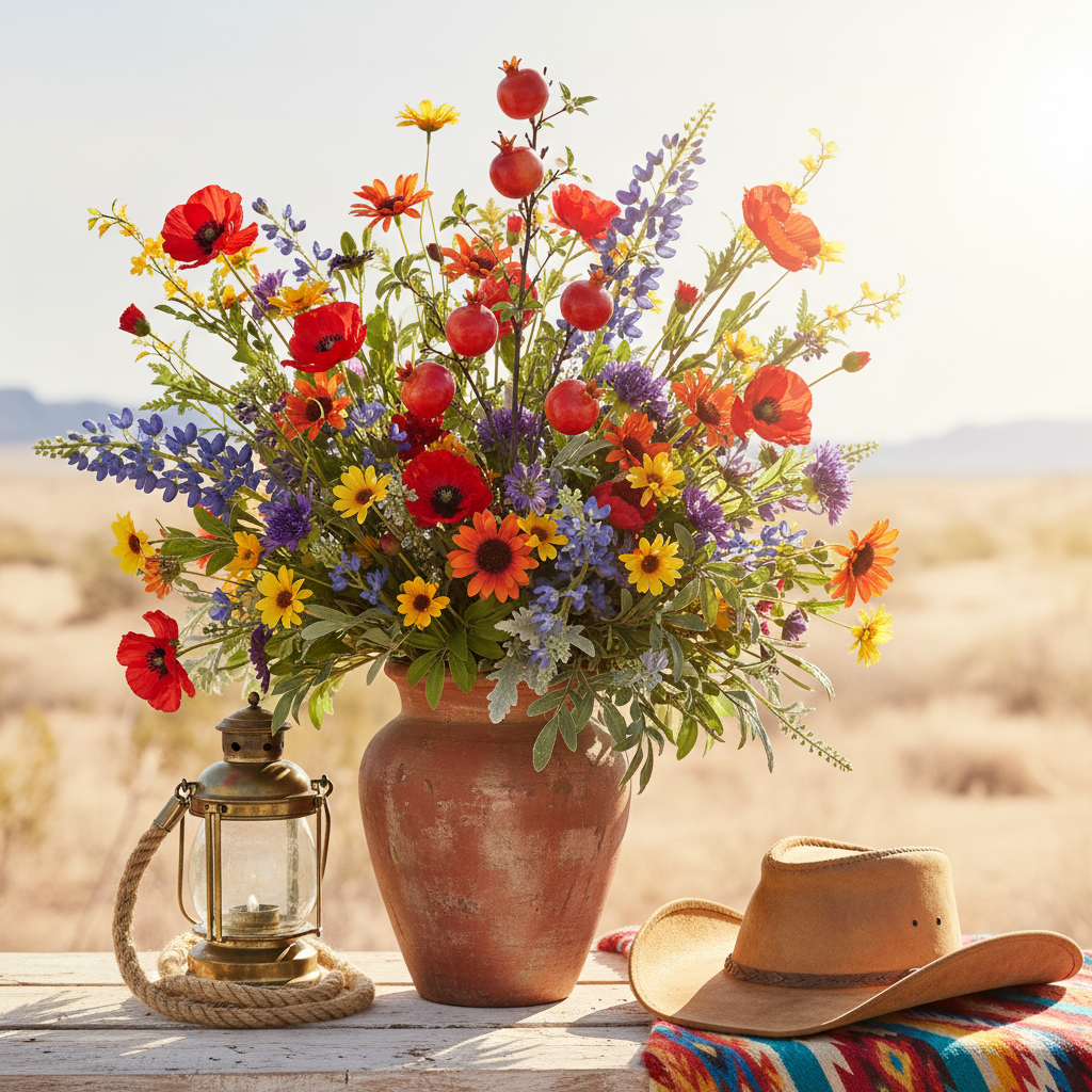 Artificial pomegranate branch with red-orange faux fruits styled in a rustic terracotta vase with western props including rope coil, vintage lantern, and cowboy hat for fall farmhouse decor