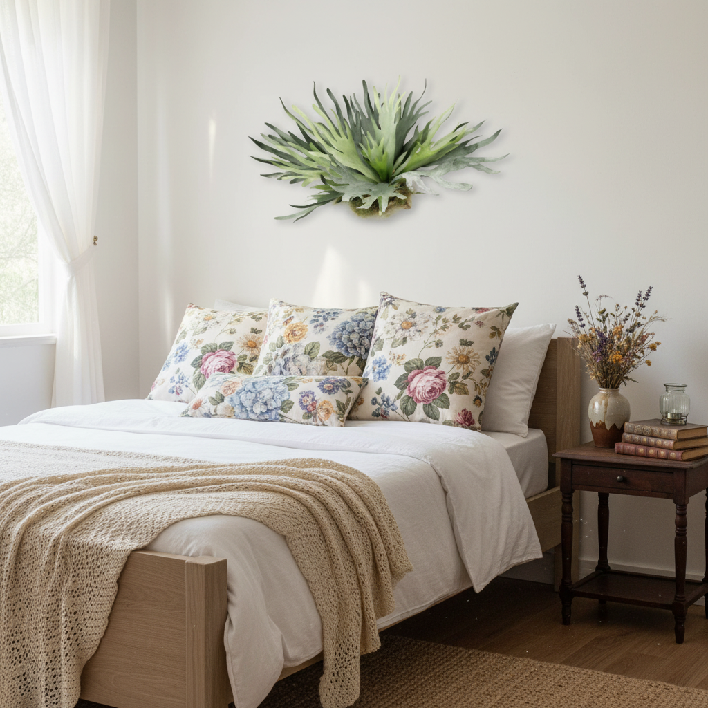 Large artificial staghorn fern mounted on white wall in cottagecore bedroom with floral bedding, vintage books, and dried flowers