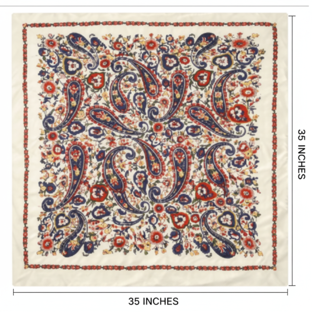 Cream paisley wild rag satin scarf flat lay measurement diagram showing 35 x 35 inch dimensions on white background