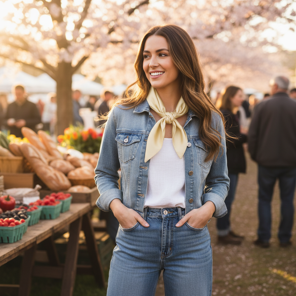 Spring outdoor ivory wild rag scarf styled at farmers market with casual spring outfit