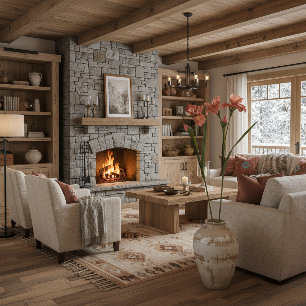 Faux terracotta pink iris flowers with petite blooms on long elegant stems in rustic-elegant cabin decor with southwestern accents and natural wood elements