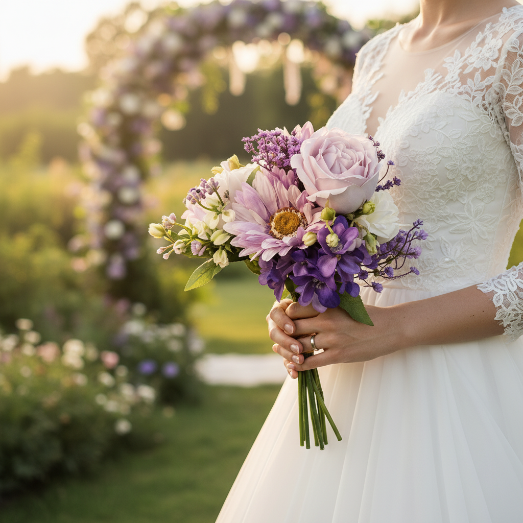 Lavender purple artificial bouquet held by bride in white wedding dress outdoor garden ceremony golden hour light