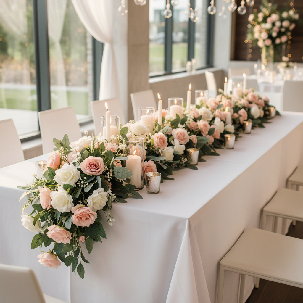 White dry floral foam block used as base for long elegant wedding table centerpiece runner with artificial roses greenery and candles