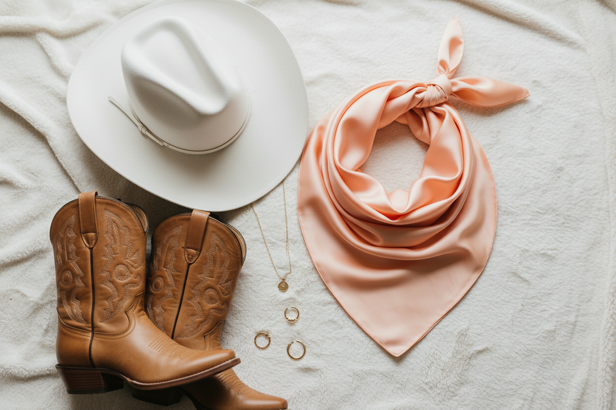 Peach wild rag with white cowboy hat, tan leather boots, and gold jewelry, feminine western styling