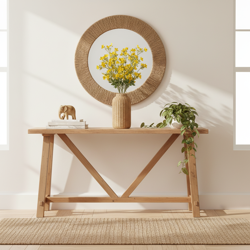Artificial buttercup yellow dogwood stems in tall woven rattan vase on boho entryway console table with neutral decor and mirror