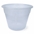 Clear 6 inch slotted plastic orchid pot with open vertical air slits on white background