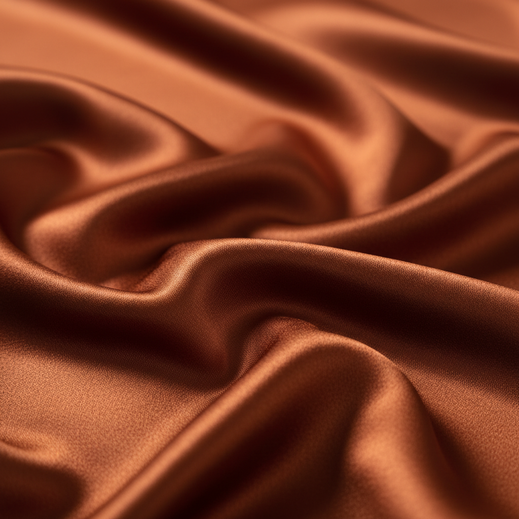 Close-up detail of rust satin fabric showing luxurious silk-like texture and warm burnt orange color