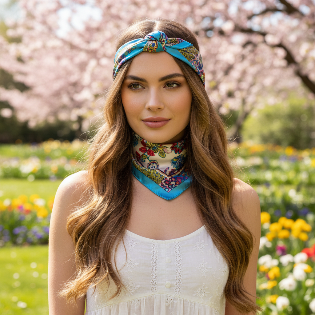 Blue floral bohemian satin scarf 20x20 worn as headband hair accessory