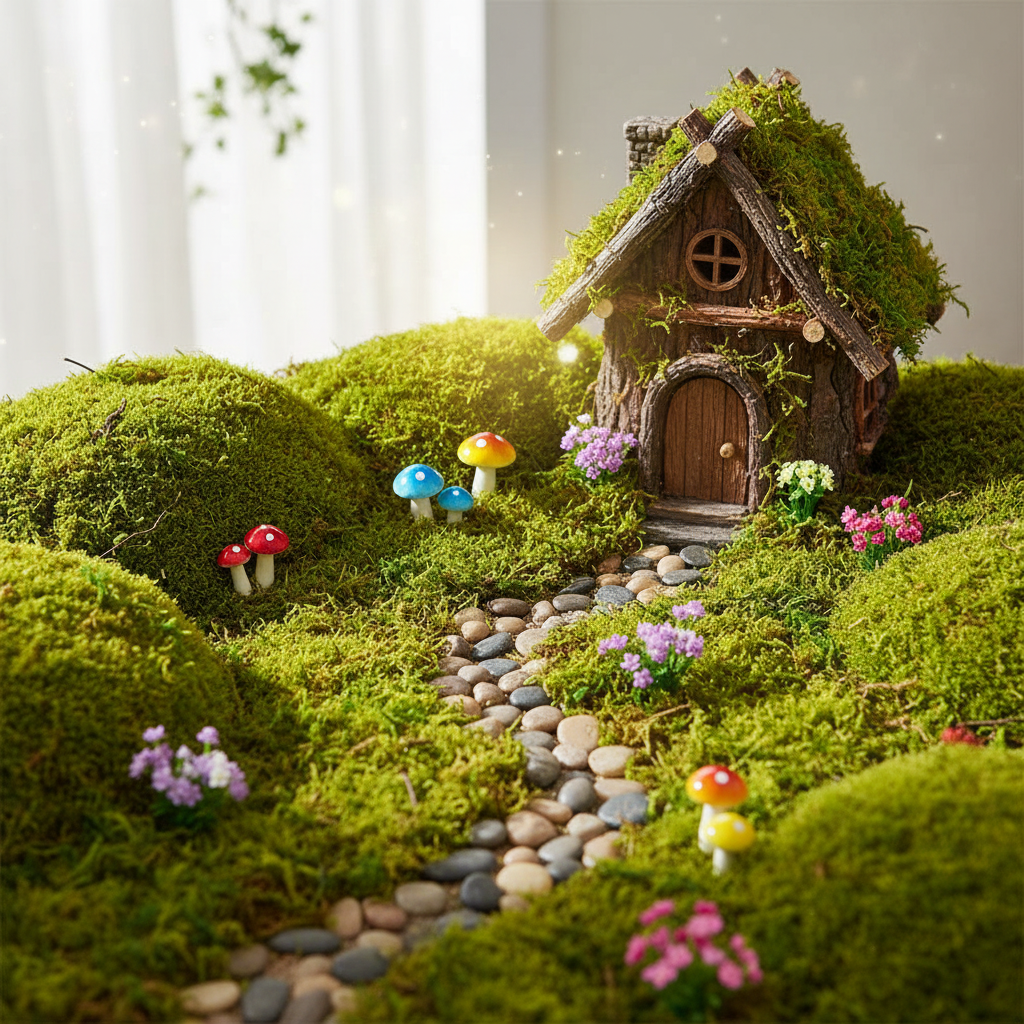 Artificial faux moss in three green shades used in whimsical fairy garden with tiny mushrooms miniature fairy house and small flowers