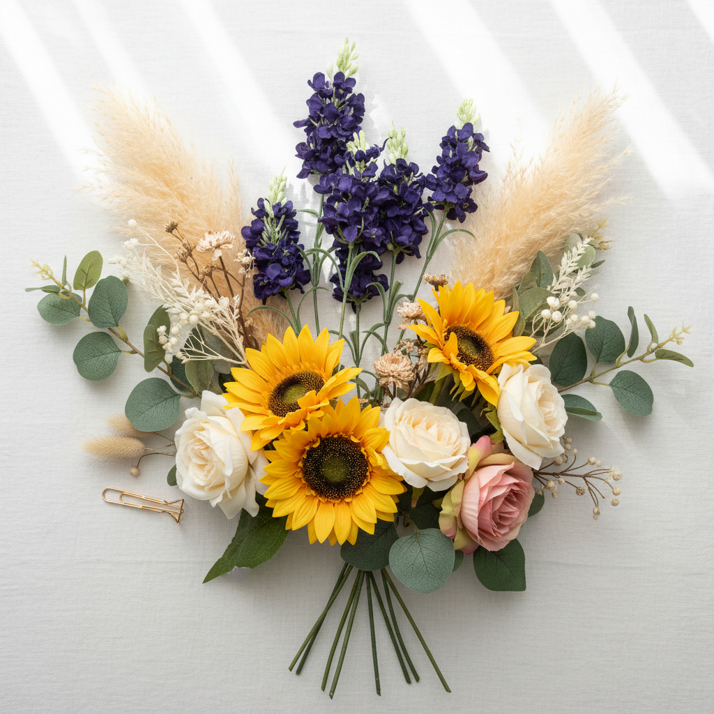 Premium boho flat lay of artificial purple delphinium stems with sunflowers garden roses pampas grass and eucalyptus on white linen