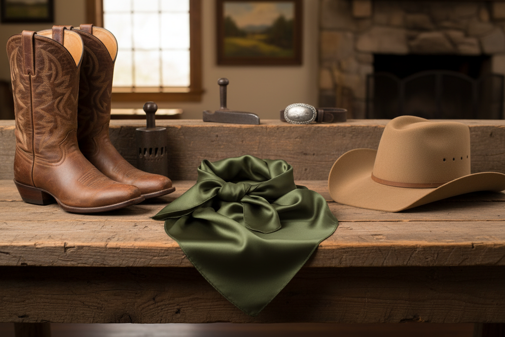 Olive green satin wild rag scarf styled with western accessories boots and cowboy hat