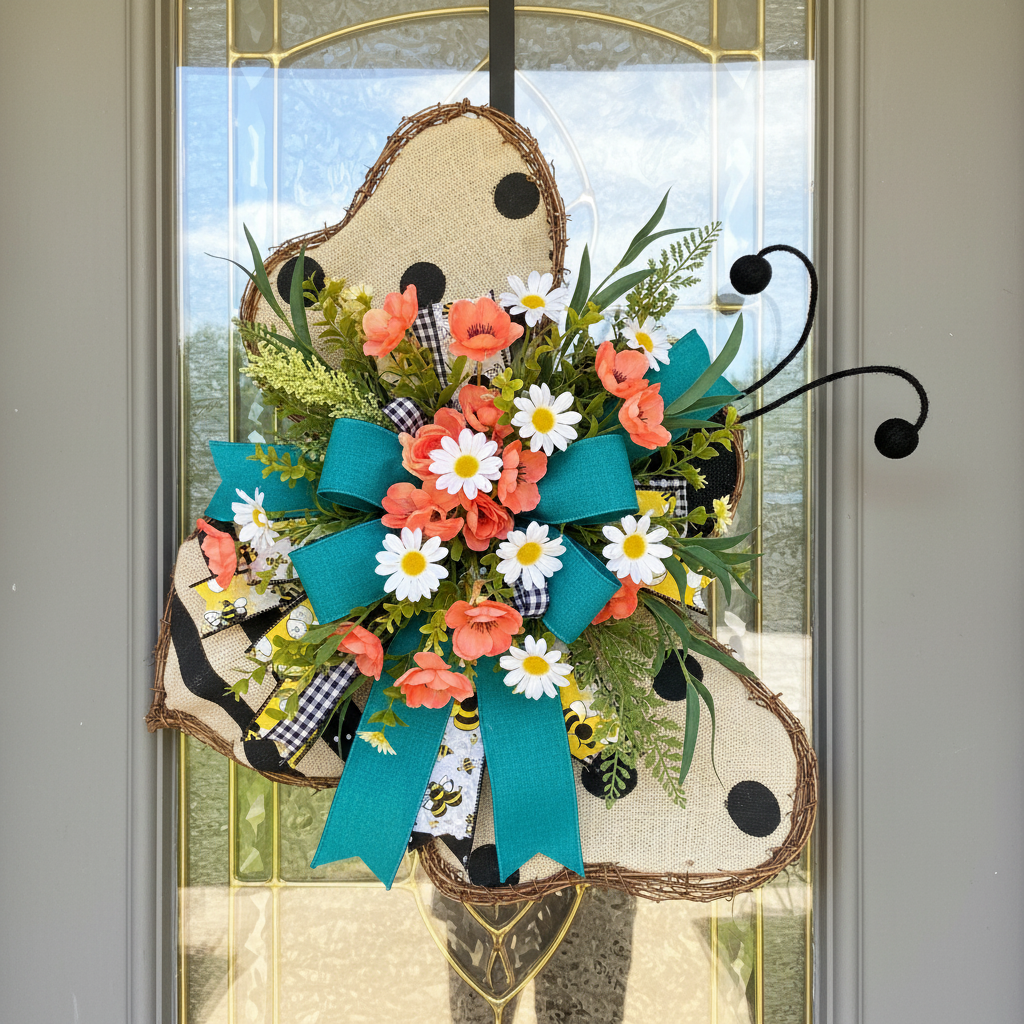 Bee wire wreath frame with coral peach flowers, turquoise ribbon, and greenery on gray door for coastal summer decor