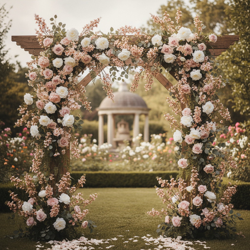 Artificial blush pink dogwood stems woven into romantic outdoor wedding arch with white and blush roses and peonies
