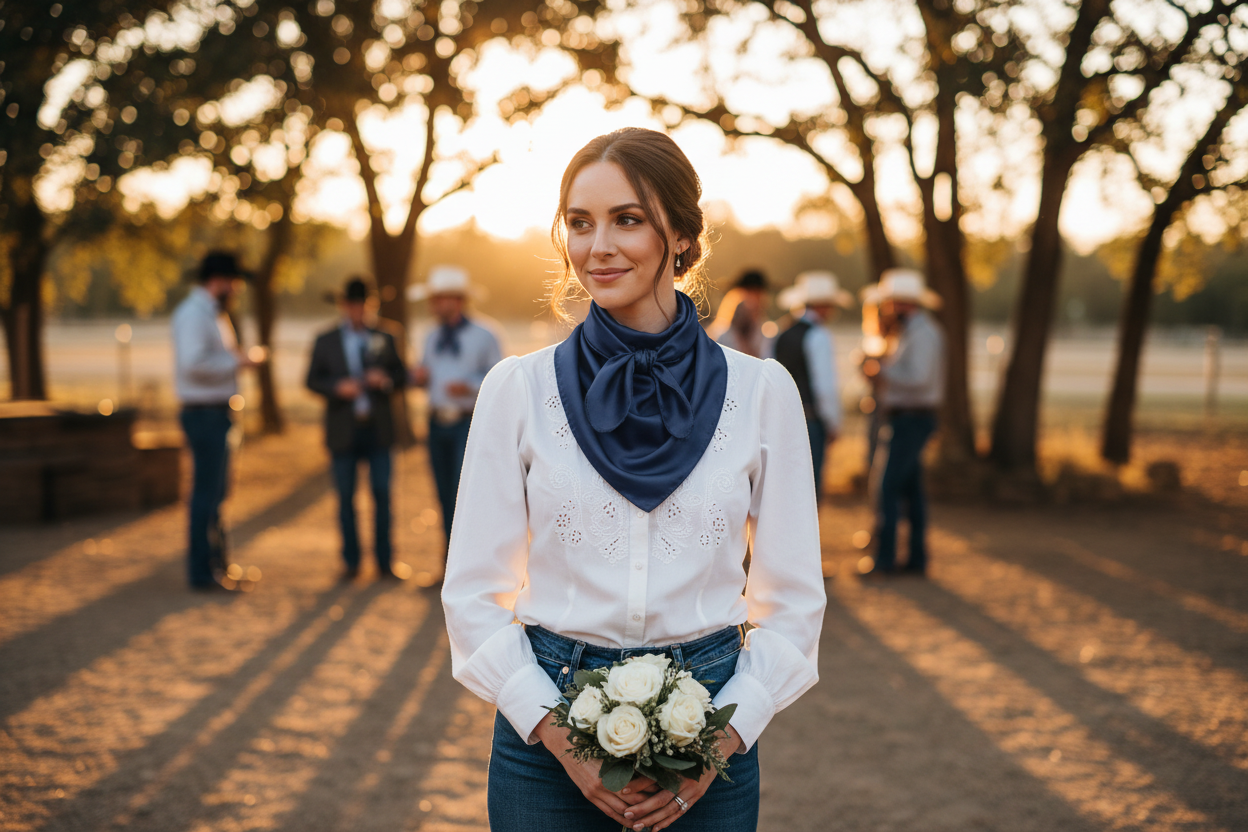 Navy blue wild rag tied elegantly at western wedding with white blouse and denim