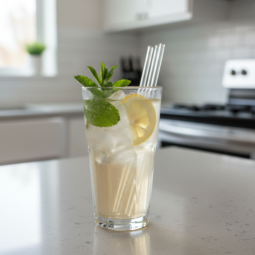 Close-up of clear glass stir stick in tall iced beverage glass, refreshing drink styling with natural light
