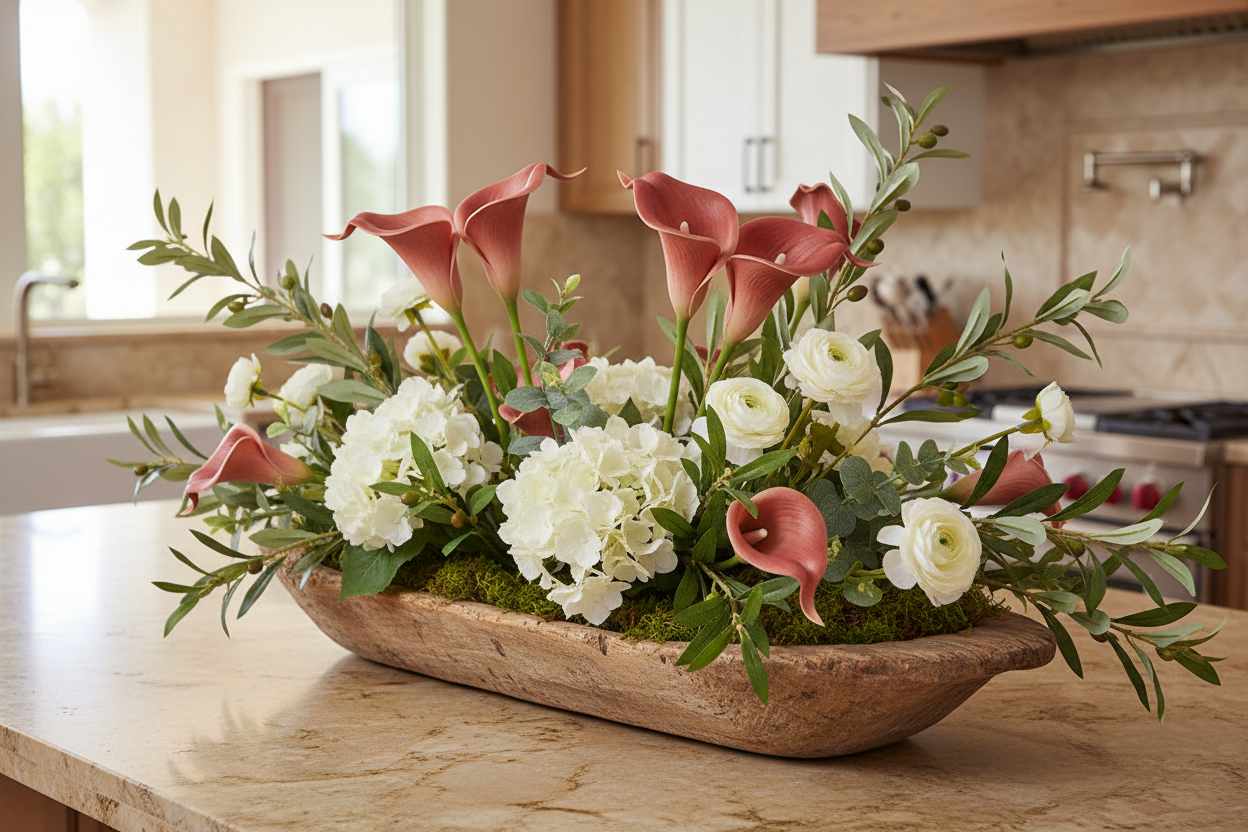 Terracotta calla lily stems arranged in a long antique wooden dough bowl with olive branches, seeded eucalyptus, white hydrangeas, white ranunculus, and moss on a warm stone kitchen island, Tuscan Mediterranean organic modern style