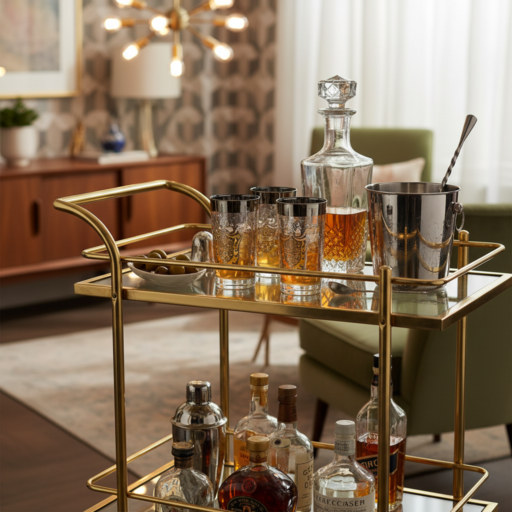 Vintage Kimiko silver coat of arms highball glasses styled on mid-century modern brass bar cart with cocktails, decanter, and retro barware accessories