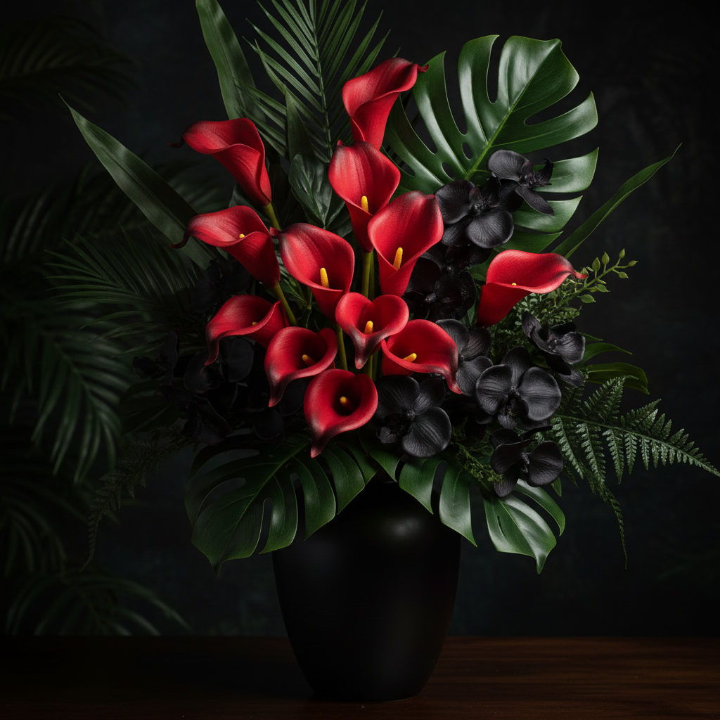 Cherry red black edge artificial calla lily stems mixed with black orchids and monstera leaves in dramatic tropical floral arrangement