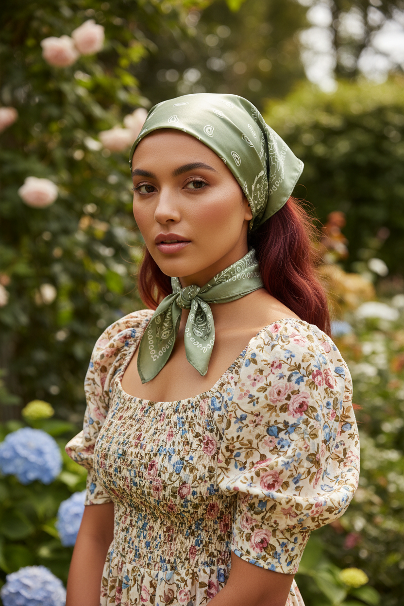 Woman with olive skin tone and auburn hair wearing a sage green white paisley satin scarf tied as a cottagecore head scarf covering the top of her head in a garden setting