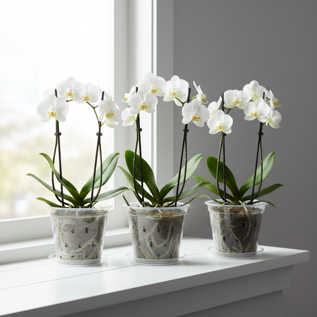 White orchids in clear pots displayed on modern windowsill