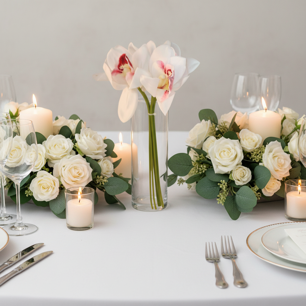 Artificial white Cymbidium orchid bouquet styled as a wedding centerpiece on a white linen table with white roses, eucalyptus greenery and candles
