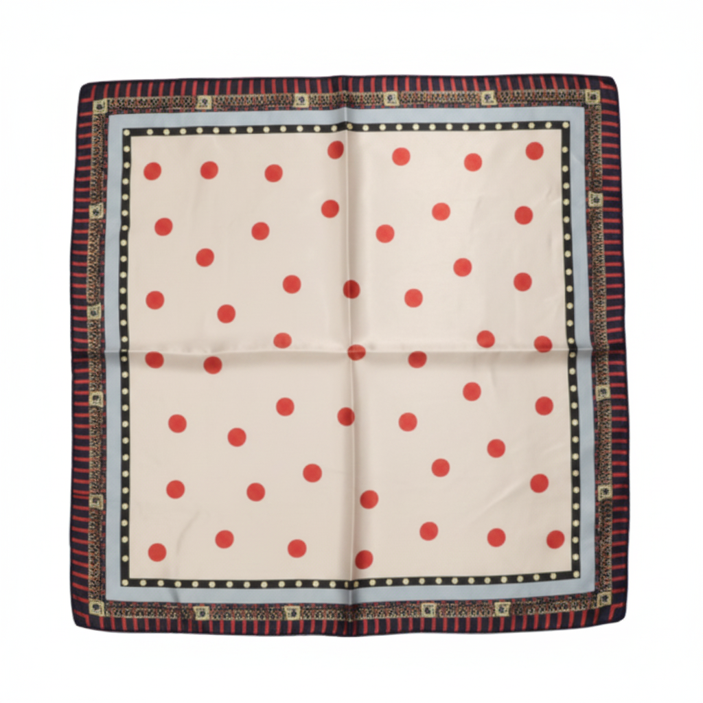 Cream red polka dot satin square scarf flat lay perfectly smooth no wrinkles clean white background studio lighting product photo 20x20