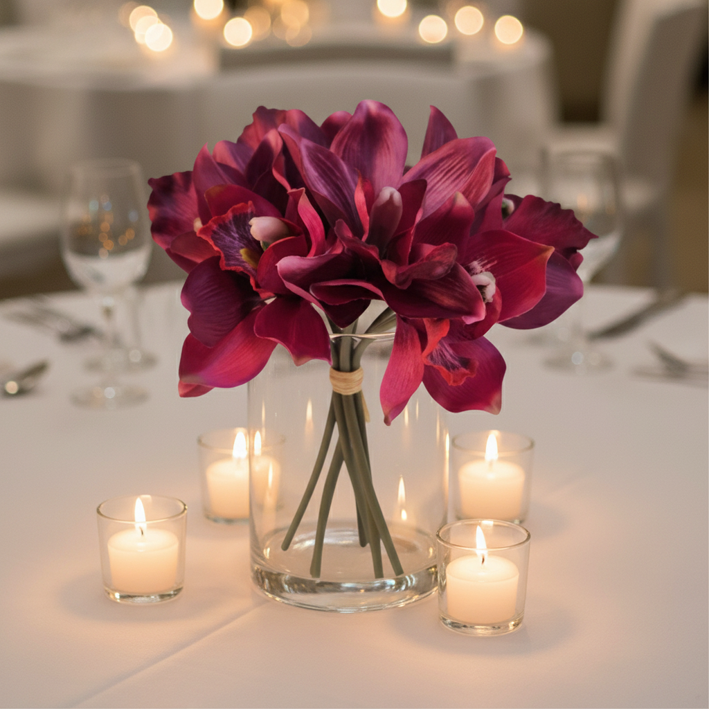 Mulberry pink faux Cymbidium orchid bouquet styled as elegant wedding centerpiece on white linen
