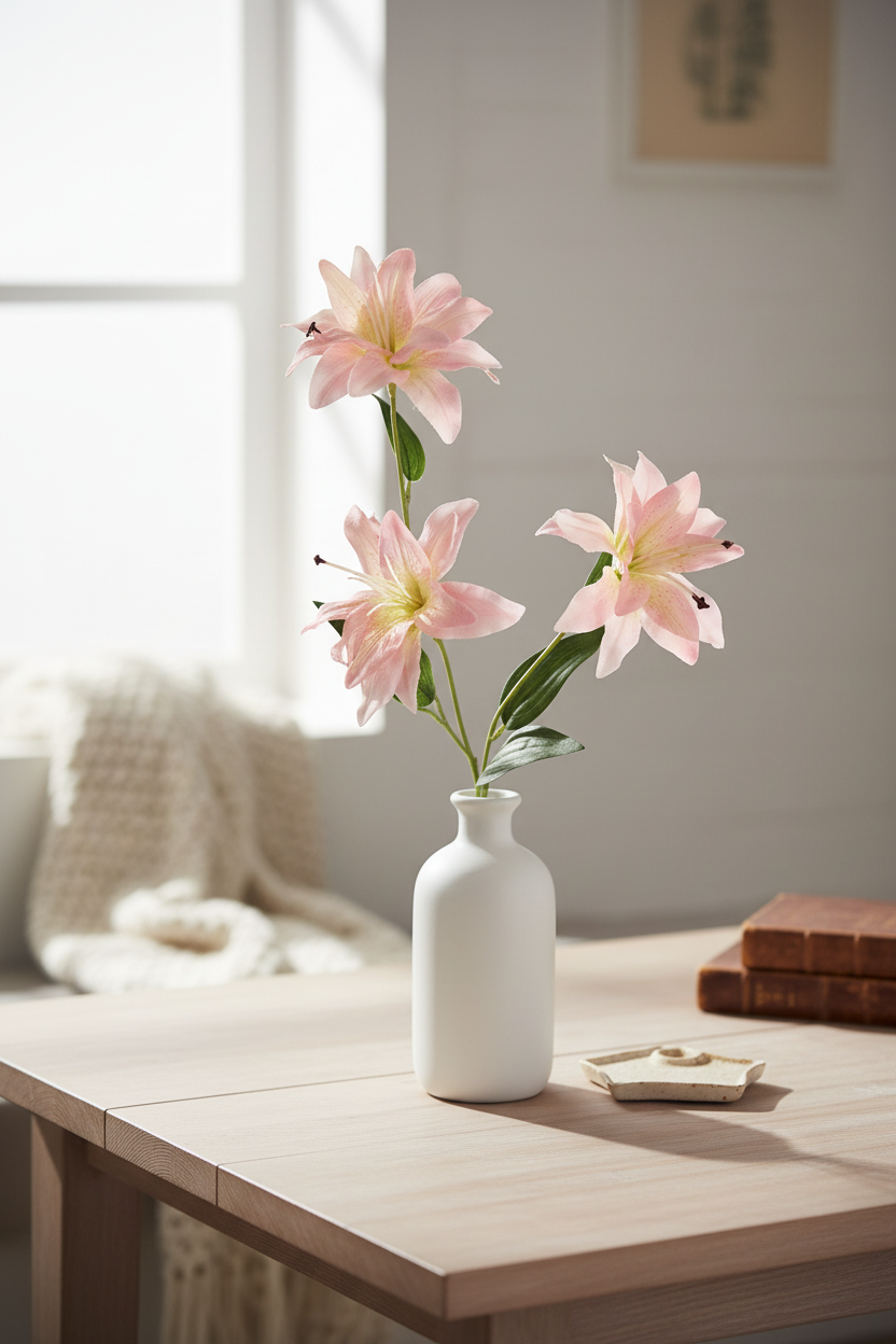 Blush pink lily stems in white ceramic vase on light wood table, soft romantic modern cottagecore home decor