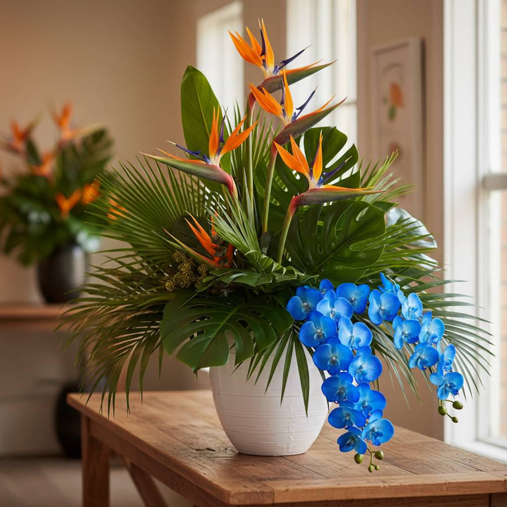 Professional florist-style tropical arrangement with vivid sapphire blue artificial orchid stems as accent flowers cascading to the side, with tall orange birds of paradise and tropical greenery in a white vase