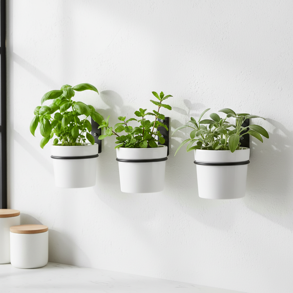 Kitchen wall herb garden with black metal plant holder rings