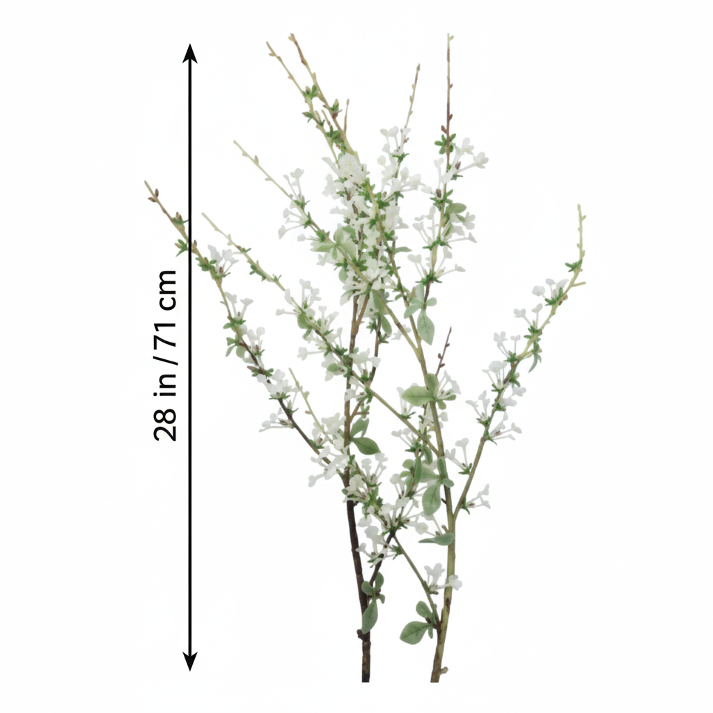 Artificial white blossom branch stems height measurement diagram showing 28 inches tall