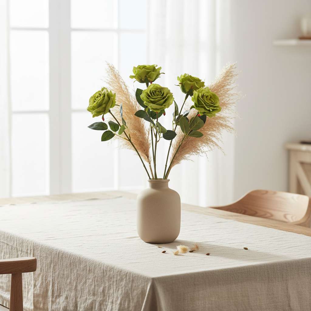 Six lime green artificial rose stems arranged in a neutral ceramic vase with boho styling and pampas grass accents on linen surface