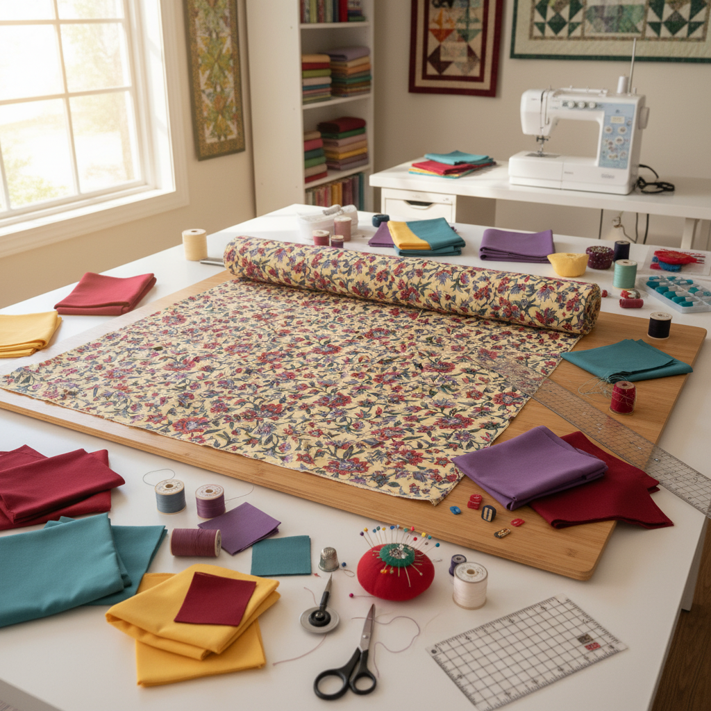 Bright quilting workspace with Hoffman Canterbury Manor yellow floral designer fabric and coordinating swatches