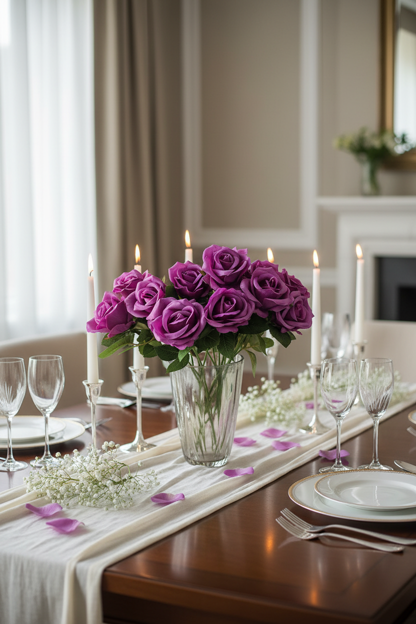 Purple rose bouquet in modern vase on dining table, elegant romantic tablescape
